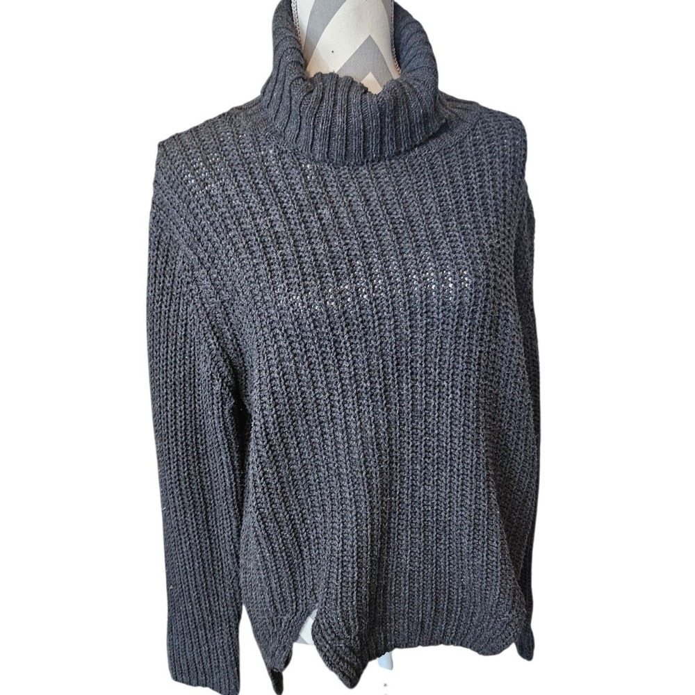 Charcoal Gray Ribbed Knit Turtleneck Sweater High Low Tunic Chunky Side Split
